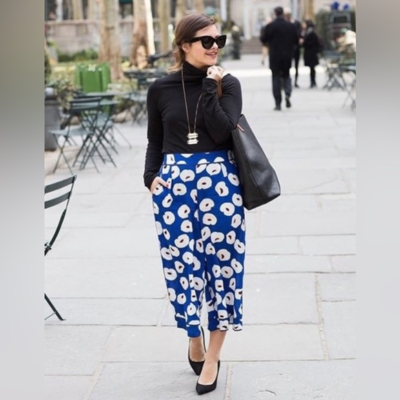 OLIVIA PALERMO x Chelsea28 Nordstrom Blue Poppy Culottes Silk Wide Leg Pants - Picture 10 of 14